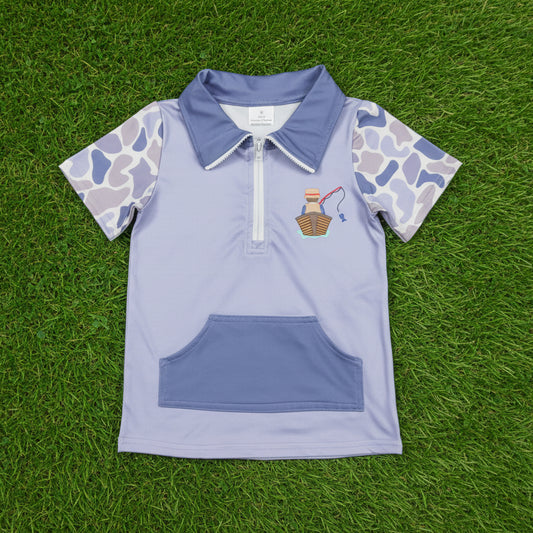 gone fishing print camo zipper pullover polo shirt