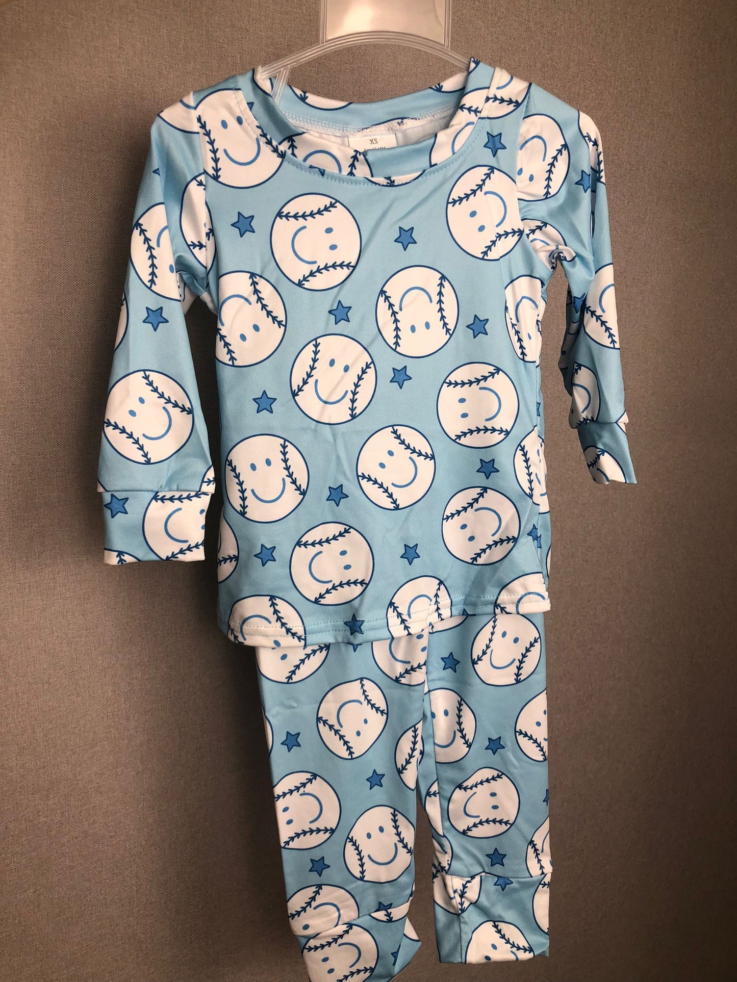 long sleeve blue smile baseball pajama set