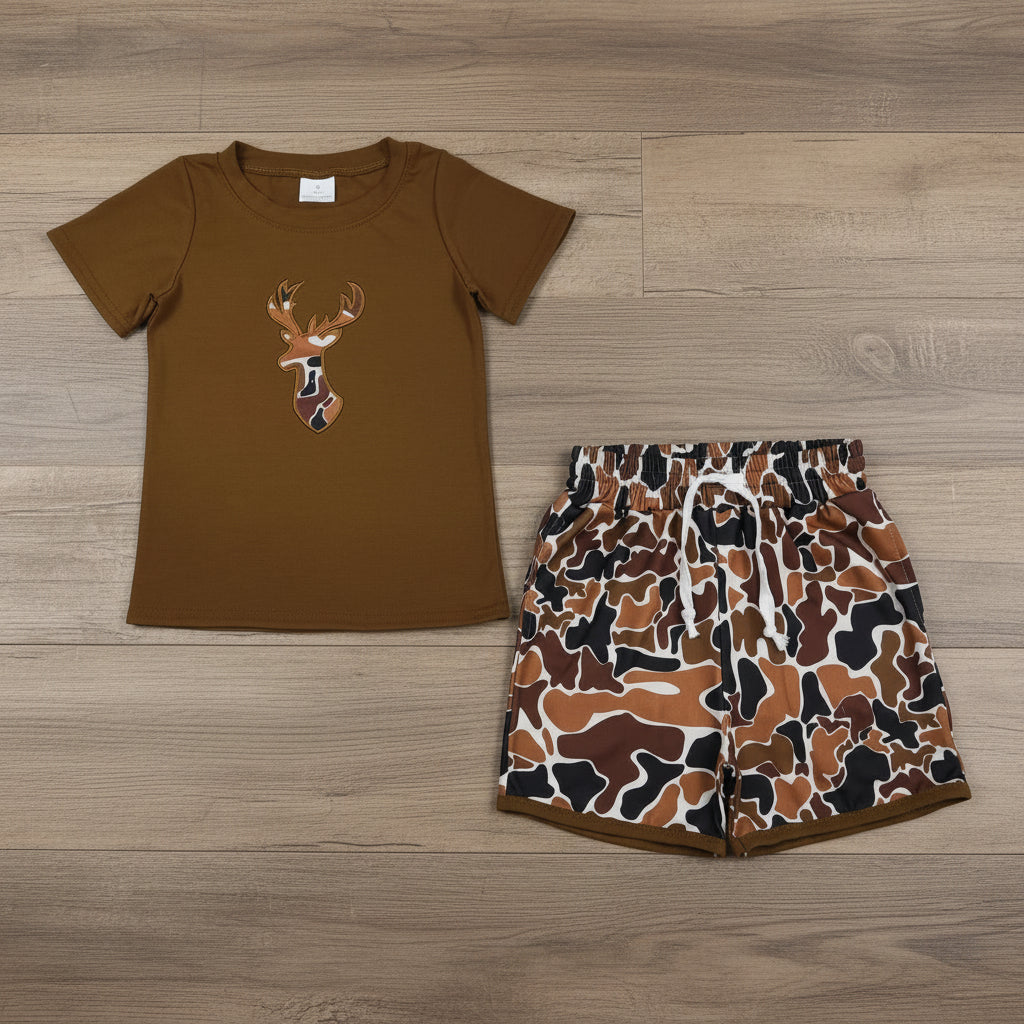 camo deer embroidery shorts set