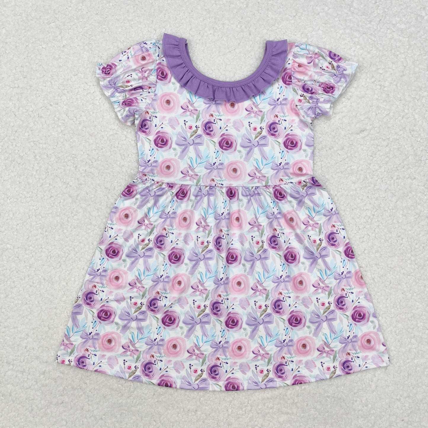 purple bows floral dress kids summer dresses