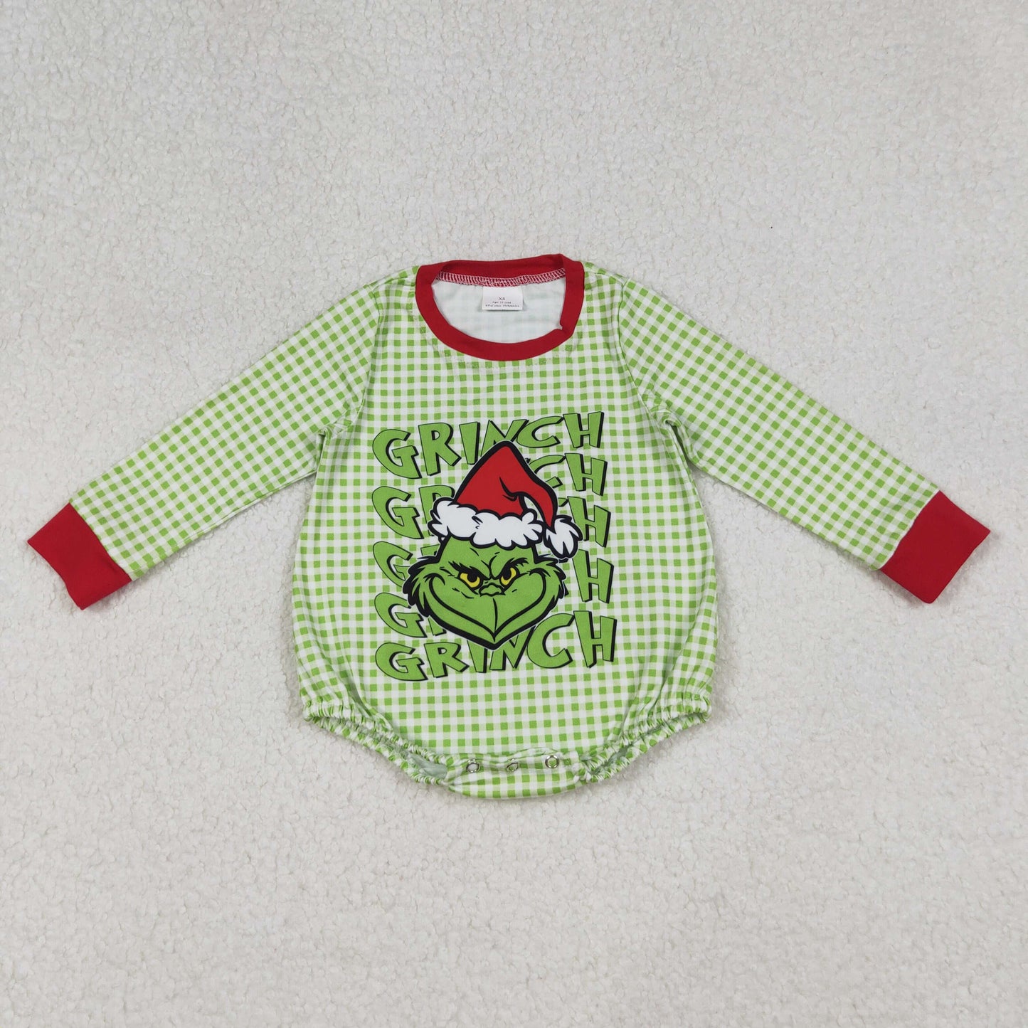 green gingham gri*ch Christmas baby boy bubble