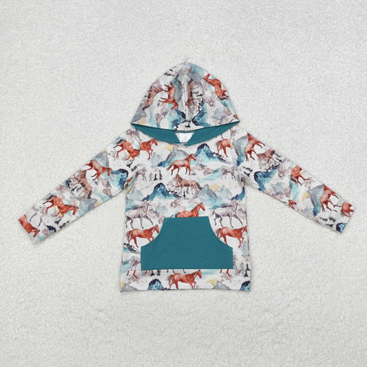 horse print kids hoodies with pocket