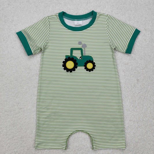 green stripes tractor embroidery romper