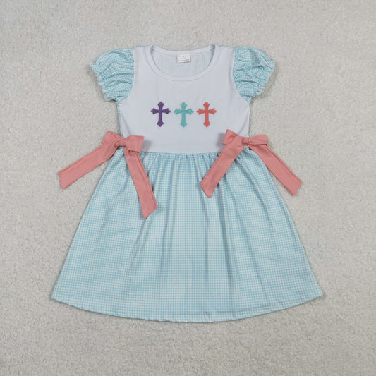 blue gingham cross embroidered easter girl dress