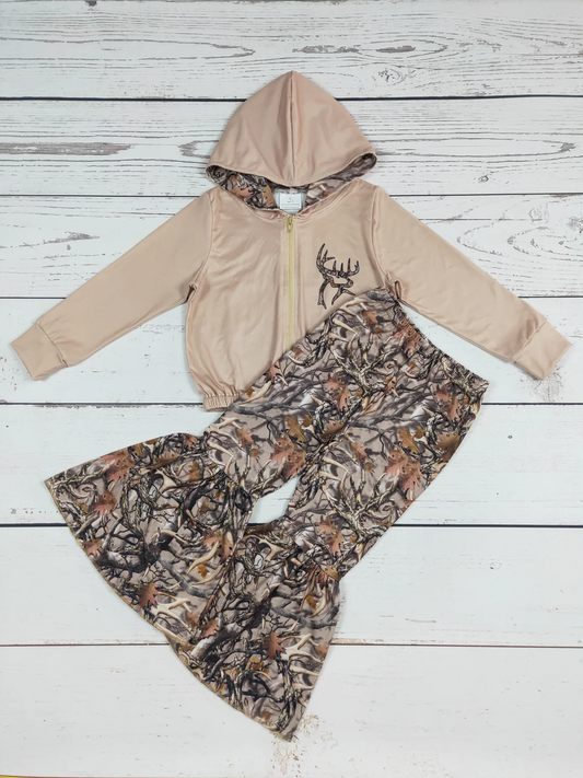 camo antlers zip hoodie top bell bottom outfit girls clothing