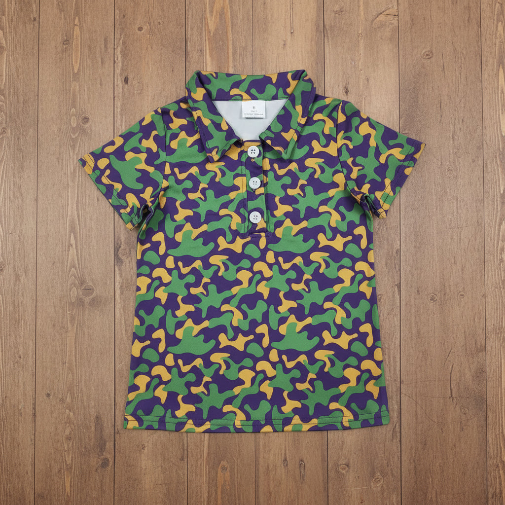 boy mardi gras purple green gold camo polo t-shirt