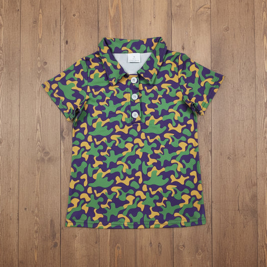 boy mardi gras purple green gold camo polo t-shirt