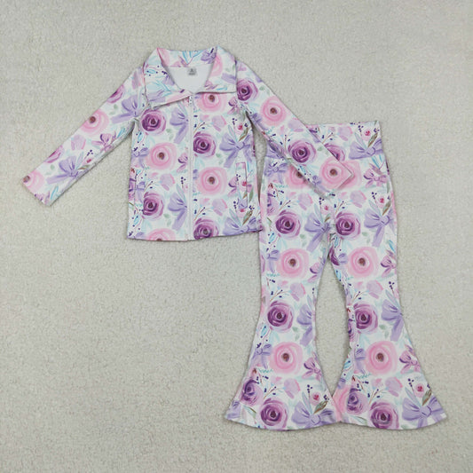 purple coquette flower zipper two piece activewear