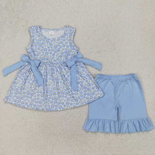 sleeveless blue floral shorts set