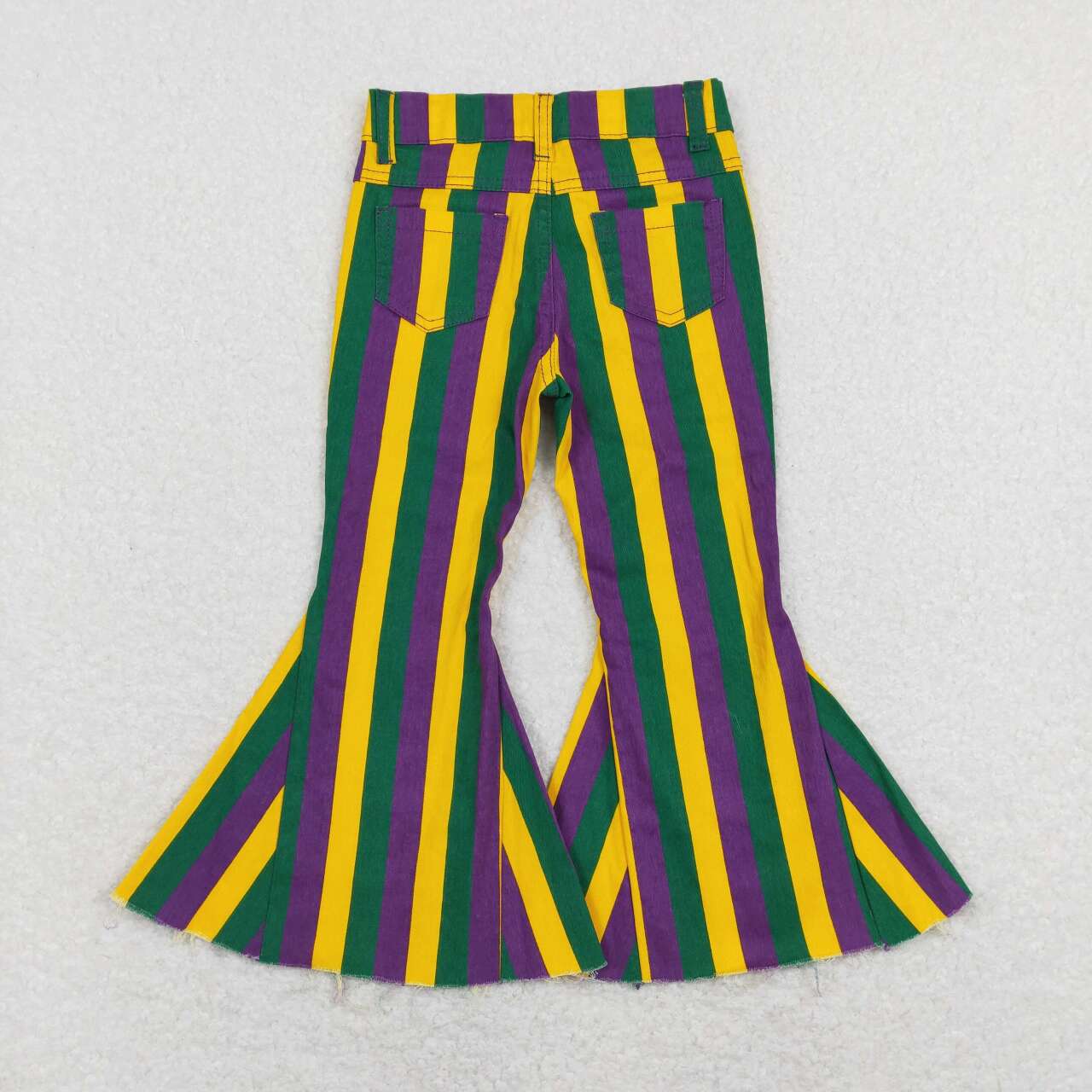 mardi gras pants, green purple yellow stripe denim pants, girls jeans,flare bottom