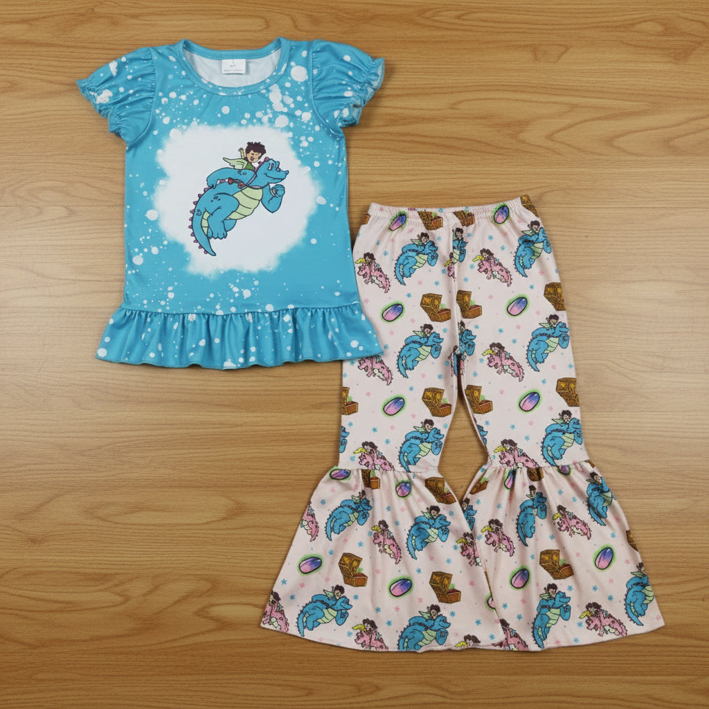 cartoon dinosaur bell bottom pants set girls outfit