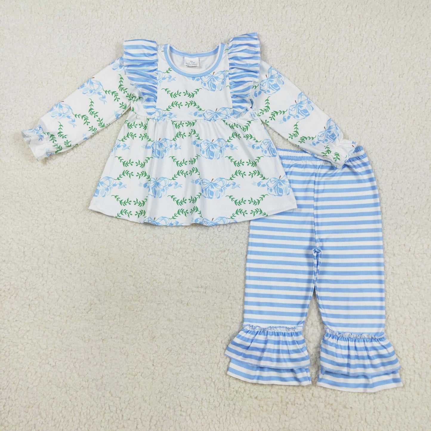 blue bow&pumpkin stripes ruffle pants set