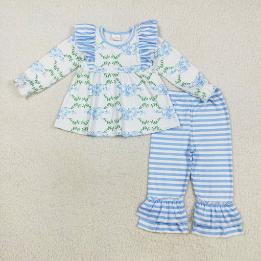 blue bow&pumpkin stripes ruffle pants set