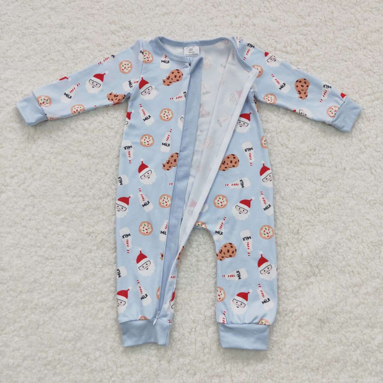 Blue milk biscuit zipper sleeper, baby boy christmas PJs