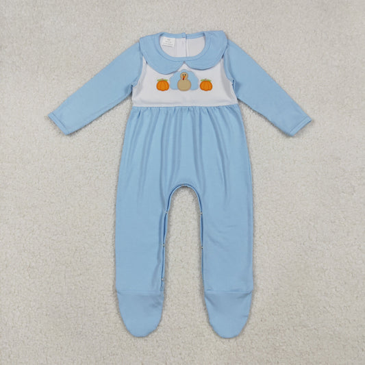 cotton blue turkey embroidery footie romper thanksgiving day infant clothes