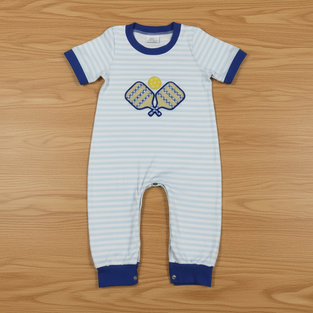 blue stripes tennis embroidery boy romper
