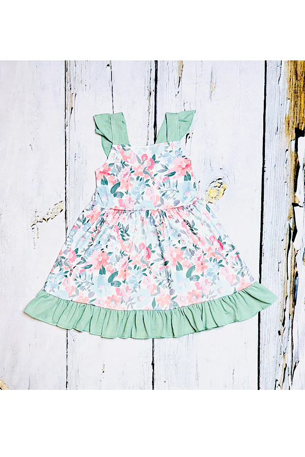 Pink & mint floral ruffle sleeveless girls dress