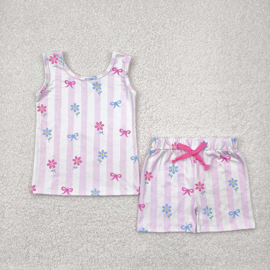 striped bow floral sleeveless shorts set