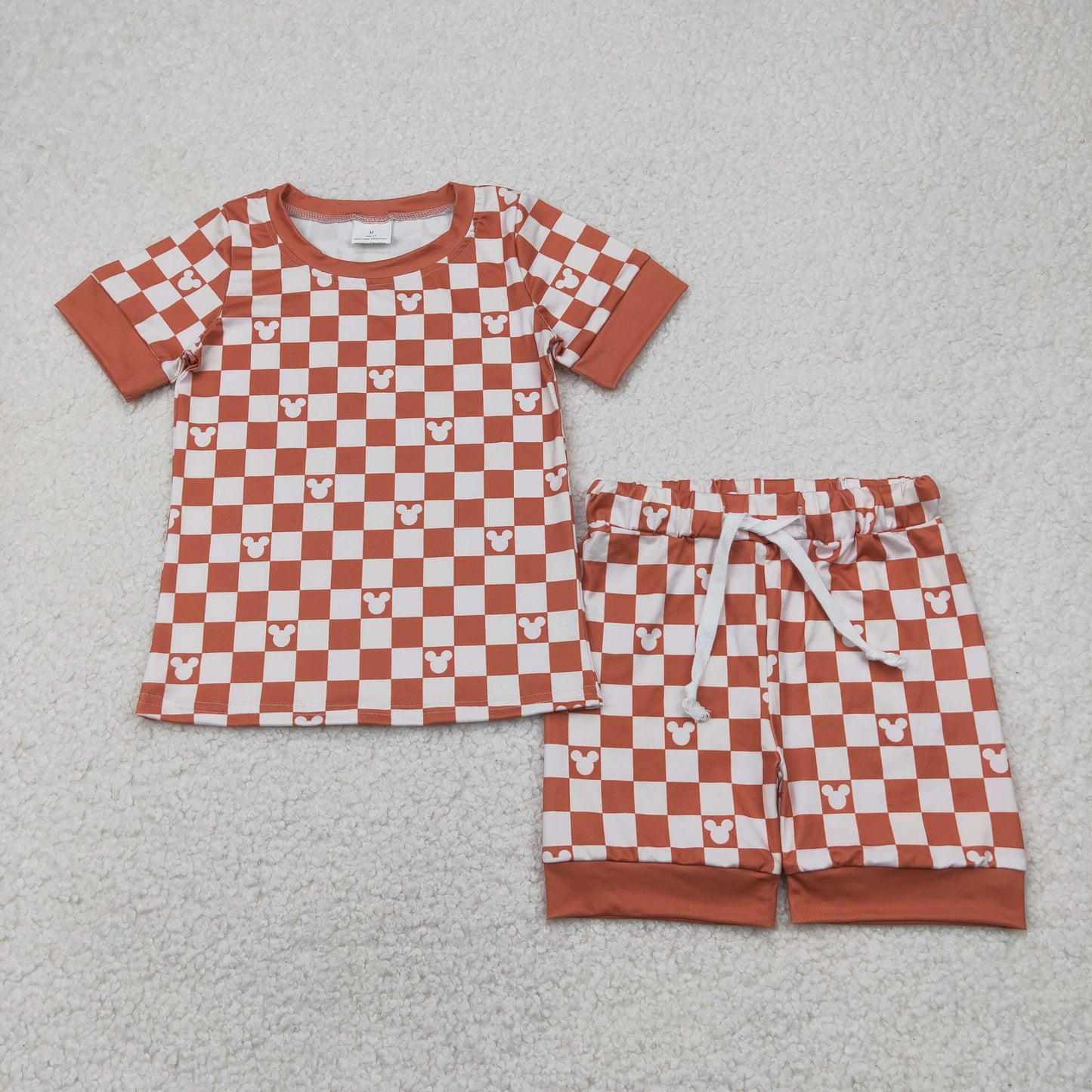 brown checkered cartoon mouse shorts pajama set