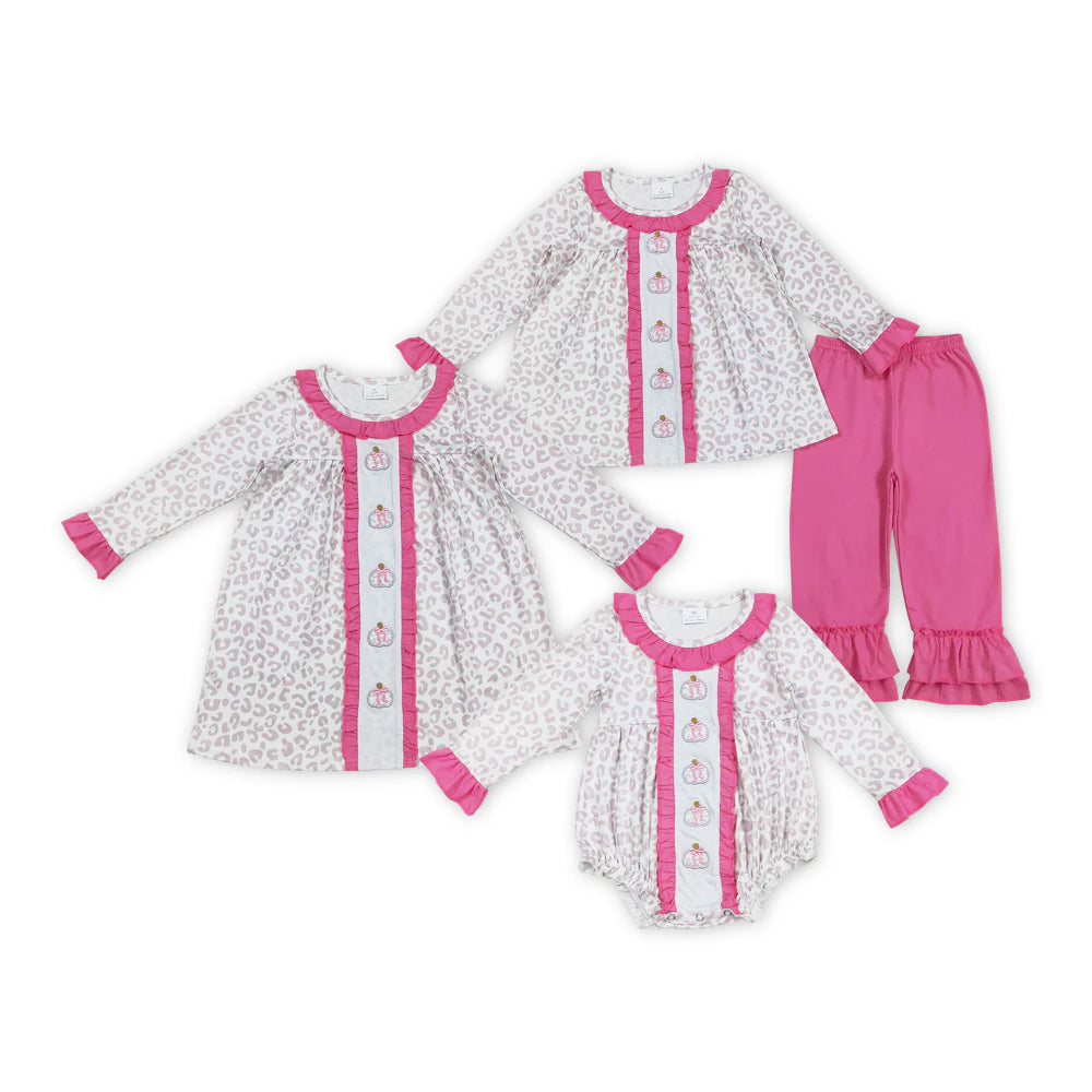 Leopard Pumpkin Embroidery Girls Fall Clothes Sibling Clothes