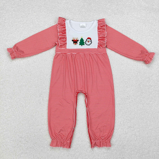 Christmas tree deer santa embroidered red stripe romper