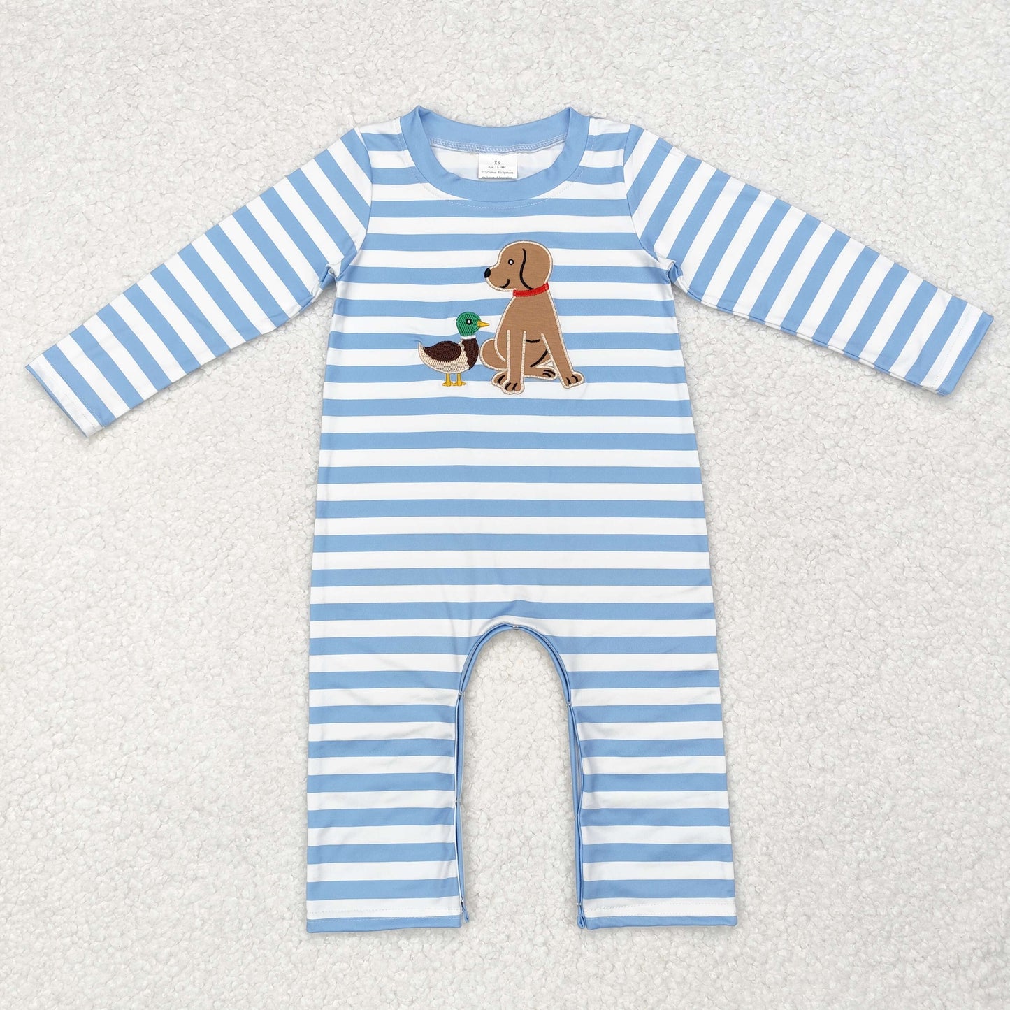 baby boy blue stripe duck dog embroidery romper