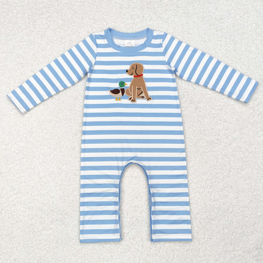 baby boy blue stripe duck dog embroidery romper