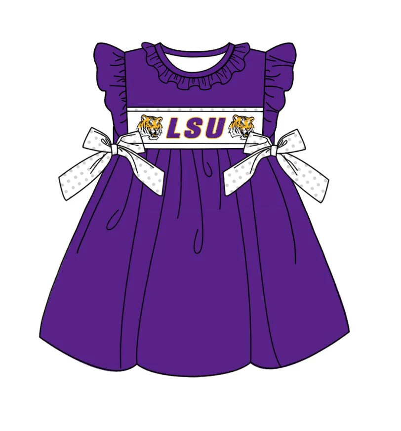 TAT 5-6 weeks MOQ 3 Team's LSU Purple Print Girls Knee Length Dress