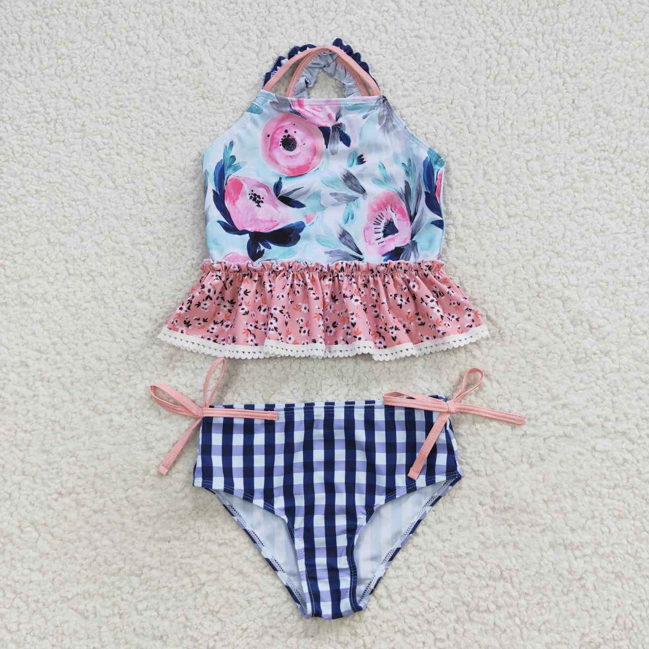 2pcs floral and plaid kids girls swimsuit