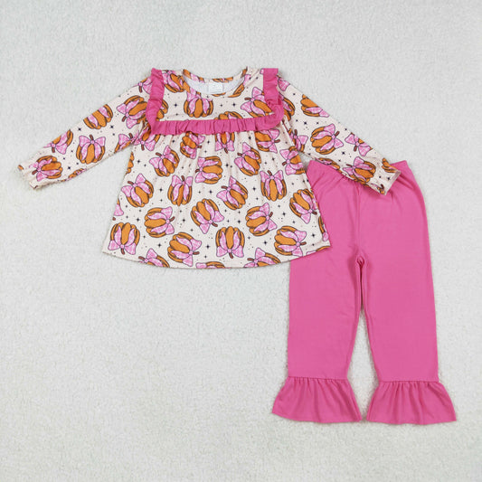 long sleeve pumpkin with bow pink ruffle pants set