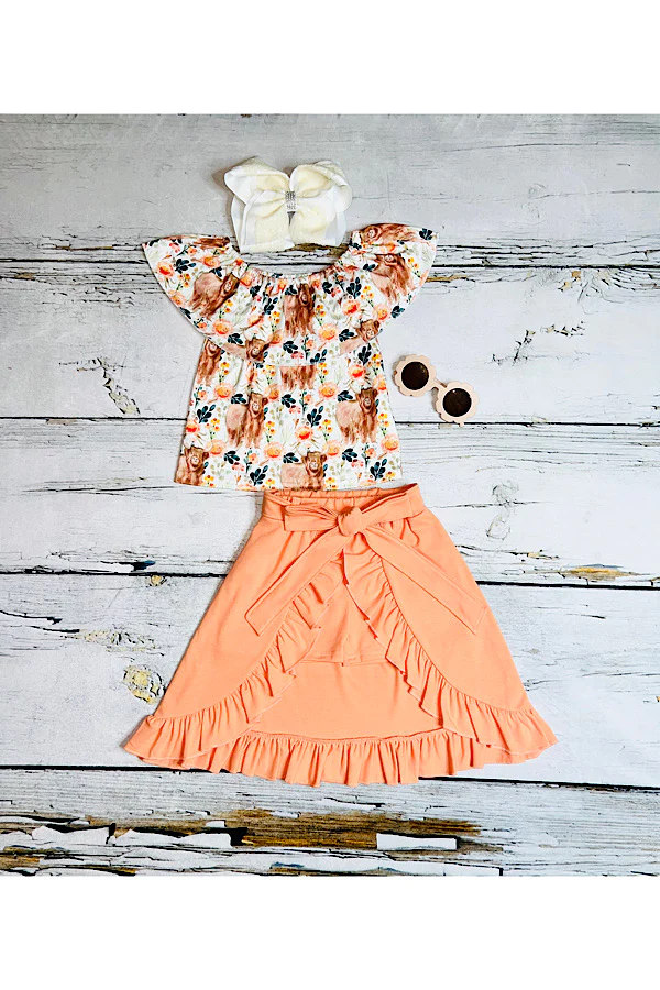 Cow&floral print western ruffle top&skirt 2pcs girls clothing sets wholesale