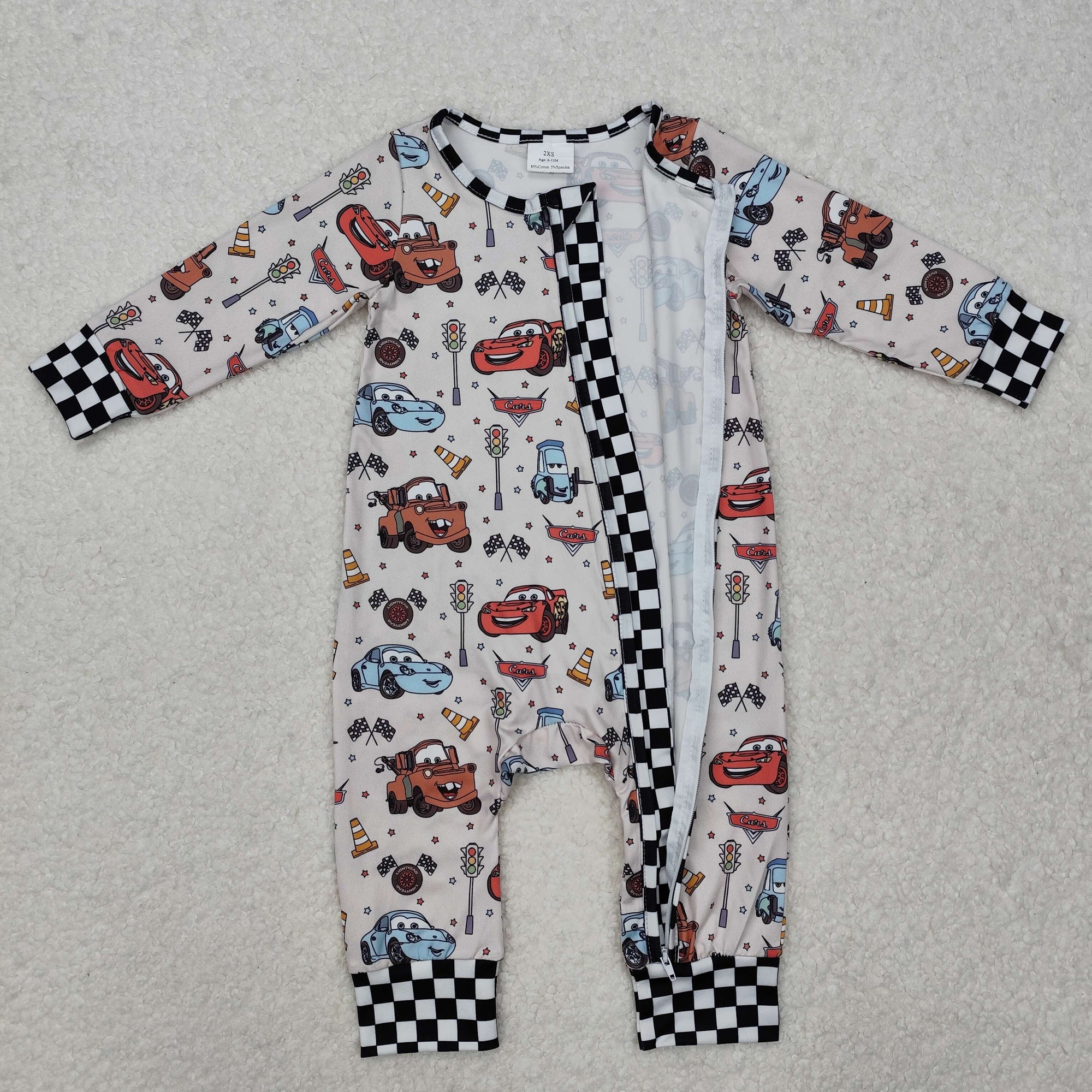 cartoon car print long sleeve zip romper