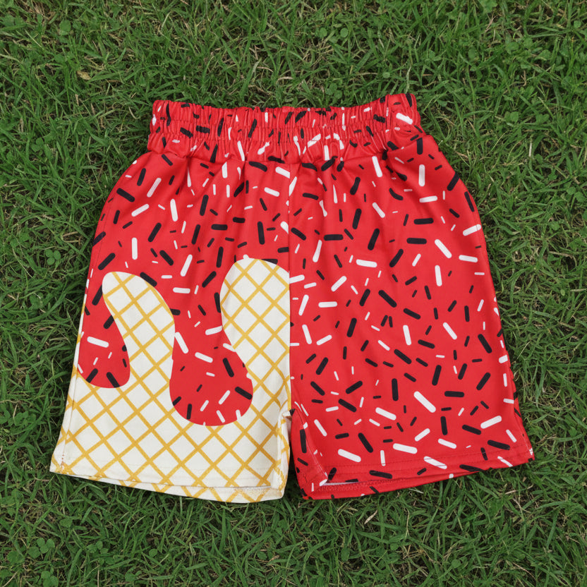 red ice cream sprinkle shorts