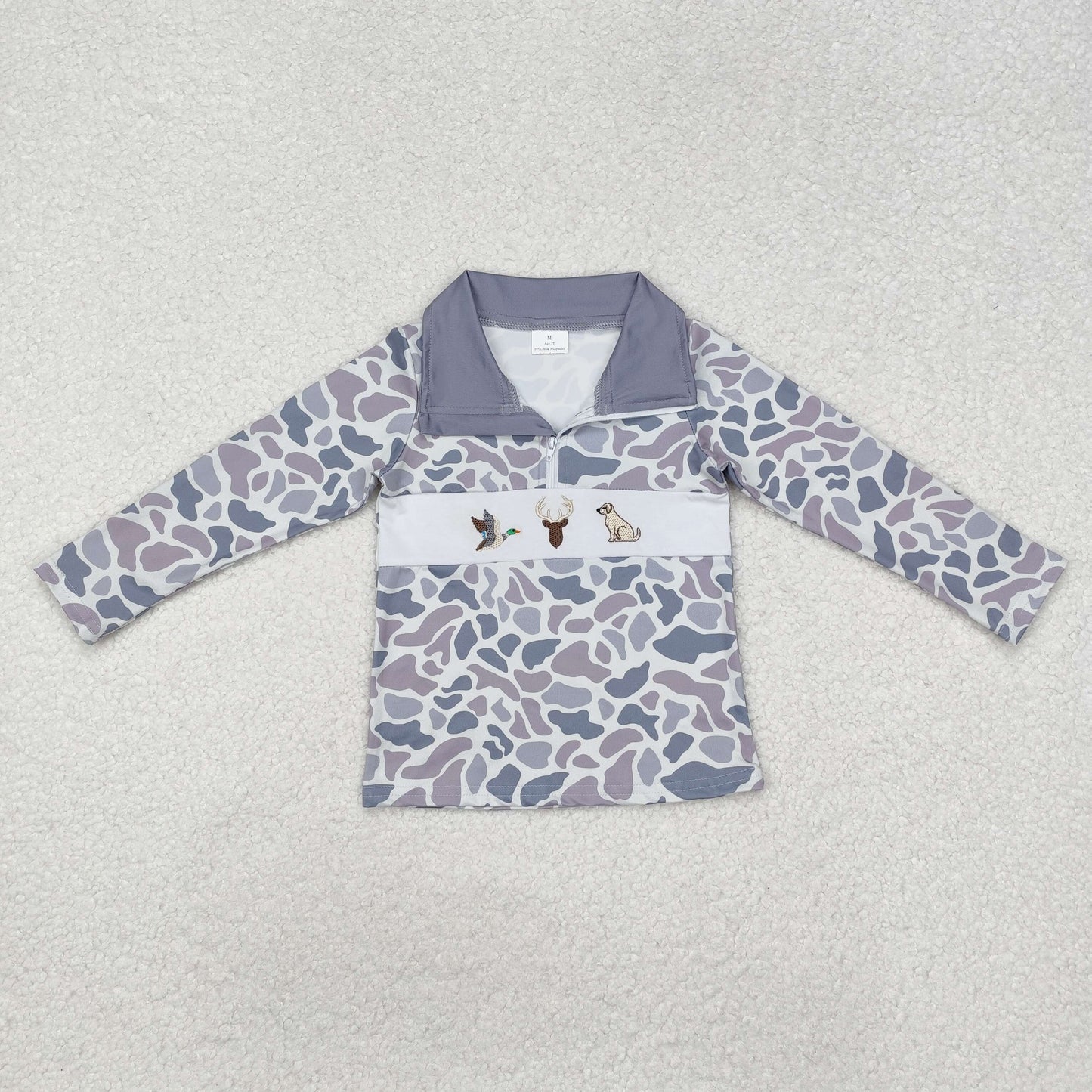 gray camo hunter embroidered zip pullover shirt