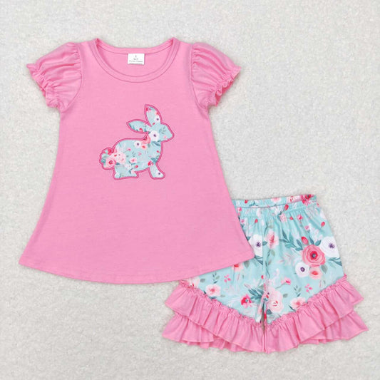girl easter clothing pink flral bunny embroidery ruffle shorts set