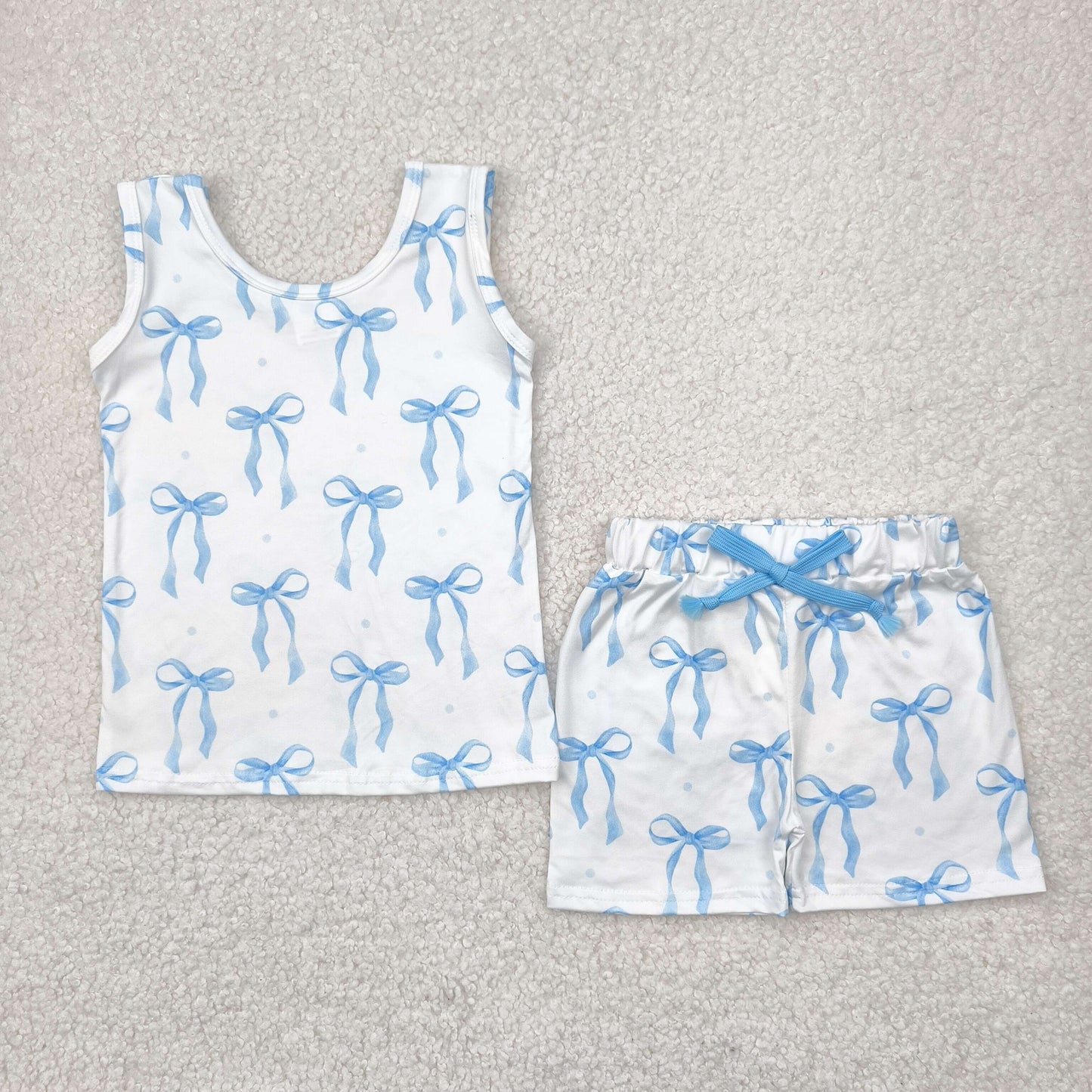 blue bow print tank shorts set