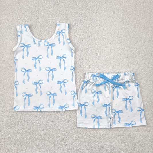 blue bow print tank shorts set