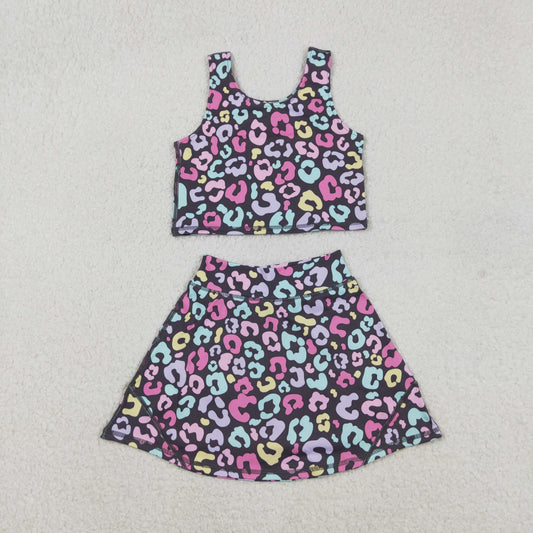 colorful leopard two pieces athletic skort dress set