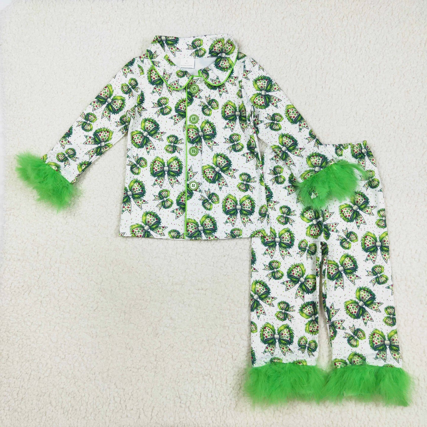 green gri*ch bows fuzzy trim pajamas