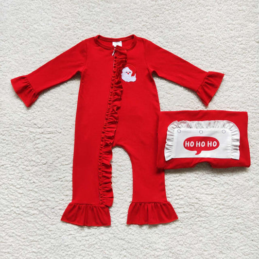 cotton solid red santa embroidery baby girl zipper romper