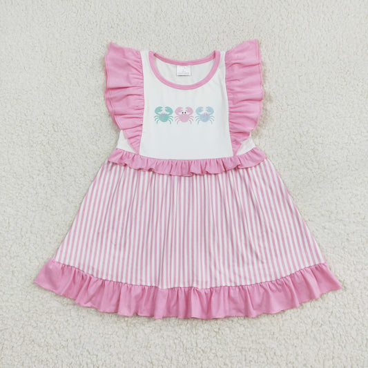 crab print pink stripe ruffle dress