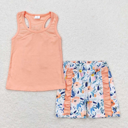 solid tank top floral shorts set girl summer clothing