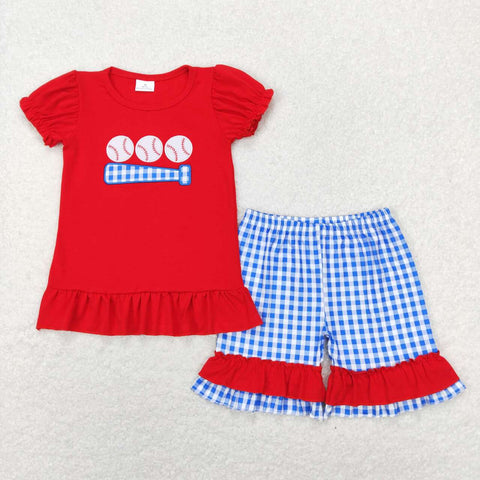 girl red baseball embroidery ruffle shorts set