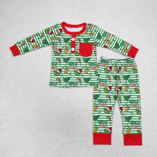 two  pieces green stripe grinchey pajama kids christmas pajama