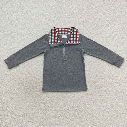 toddler boy gray plaid collar zipper pullover