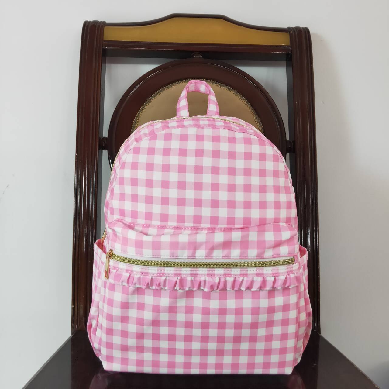 pink plaid kids backpack school bag
