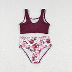 2pcs maroon floral swimsuit