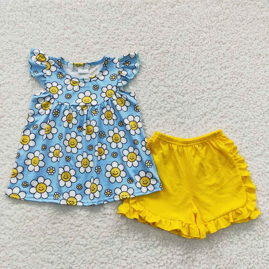 hippie sunflower yellow ruffle shorts set girl’s outfit