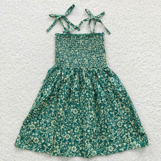 child green flower print strap dress girl dresses