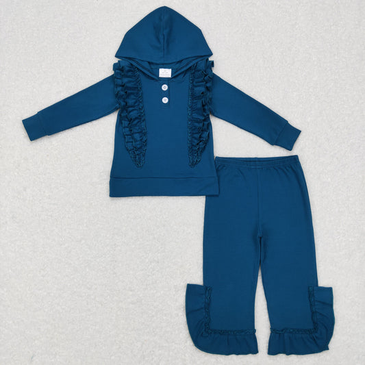 cotton solid dark blue ruffle hoodie outfit girl’s fall clothing